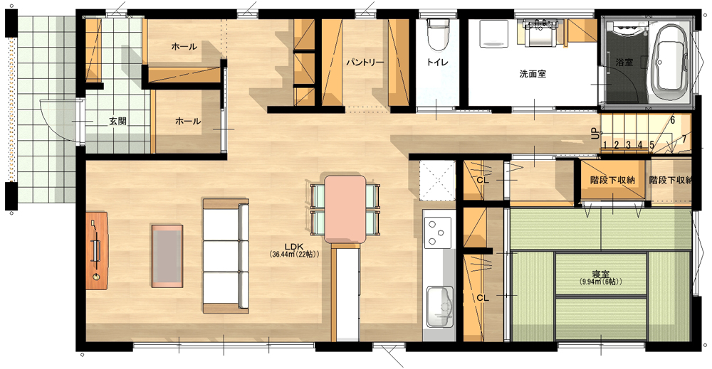 勾配天井のダイナミック空間に日の光が満ちる平屋風1.5階の家